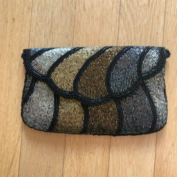 Vintage Metallic Beaded Scalloped Edge Shoulder Clutch Evening Bag - Picture 2 of 5